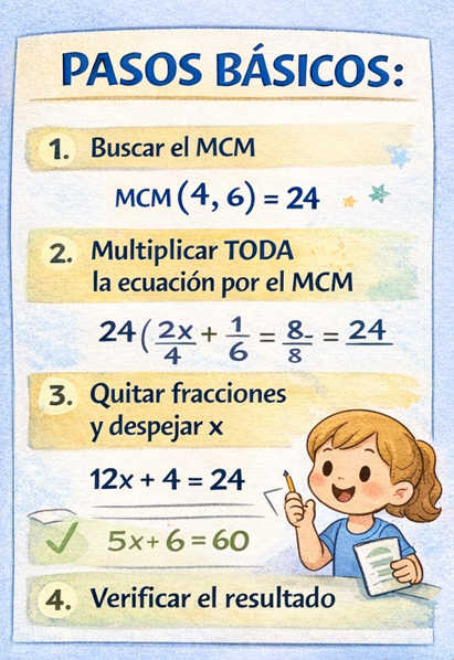 Ejemplo de ecuaciones con fracciones: ecuaciones fraccionarias resueltas por el método MCM.