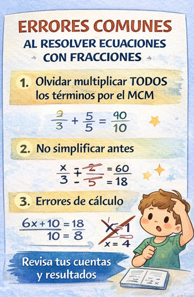 ecuaciones con fracciones: Problemas de ecuaciones de primer grado, errores al resolver ecuaciones.
