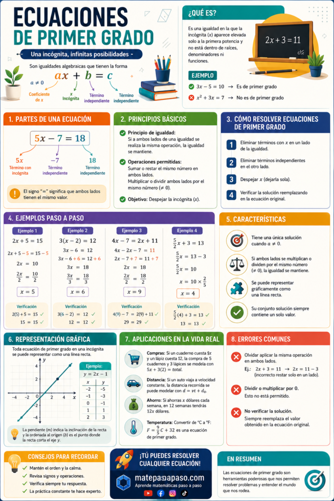 Ecuaciones de primer grado que explican su definición, partes, principios básicos y métodos de resolución paso a paso. Incluye ejemplos desarrollados y verificados, representación gráfica, características, aplicaciones en la vida cotidiana, errores comunes y consejos para resolver ecuaciones, con un diseño moderno en tonos turquesa, naranja, amarillo, verde y azul marino.