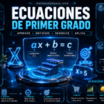 Ecuaciones de primer grado portada con la fórmula ax + b = c, ejemplos resueltos, incógnita x, representación en la recta numérica y pasos para despejar y verificar la solución.