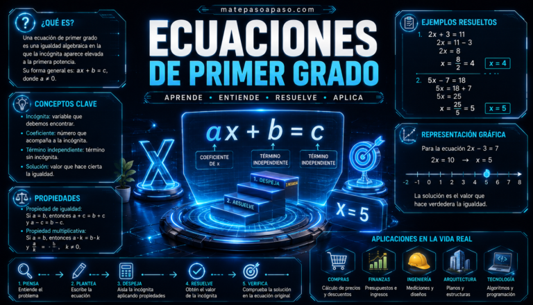Ecuaciones de primer grado portada con la fórmula ax + b = c, ejemplos resueltos, incógnita x, representación en la recta numérica y pasos para despejar y verificar la solución.