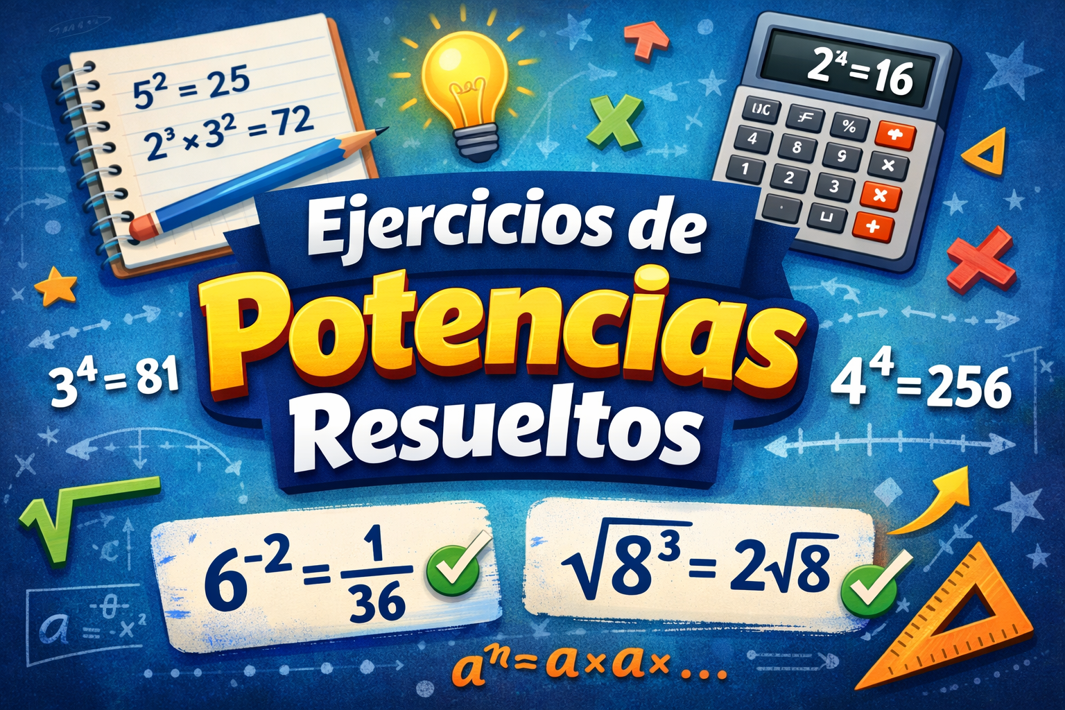 Ejercicios de potencias resueltos con ejemplos de exponentes y propiedades explicadas paso a paso
