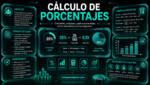 Cómo calcular porcentajes: cálculo de porcentajes en diseño futurista con tonos turquesa neón, mostrando fórmulas, gráficos, ejemplos resueltos, conceptos clave y aplicaciones de los porcentajes en la vida real.