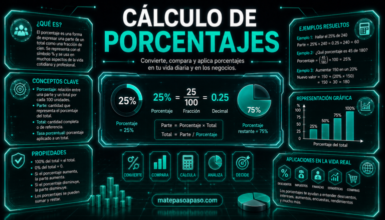 Cómo calcular porcentajes: cálculo de porcentajes en diseño futurista con tonos turquesa neón, mostrando fórmulas, gráficos, ejemplos resueltos, conceptos clave y aplicaciones de los porcentajes en la vida real.