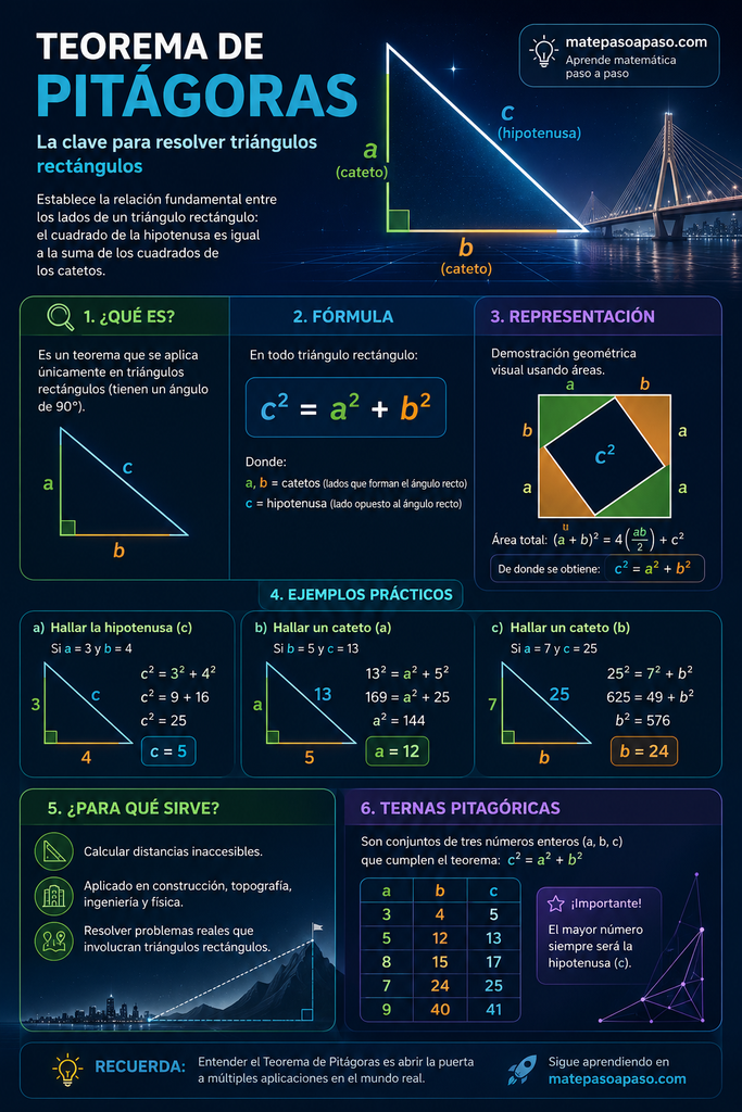 ¿Qué es el Teorema de Pitágoras? Teorema de Pitágoras que explica la fórmula \(c^2=a^2+b^2\), identifica catetos e hipotenusa, muestra una representación geométrica mediante áreas y presenta ejemplos resueltos con los triángulos 3-4-5, 5-12-13 y 7-24-25. Incluye aplicaciones prácticas y una tabla de ternas pitagóricas.
