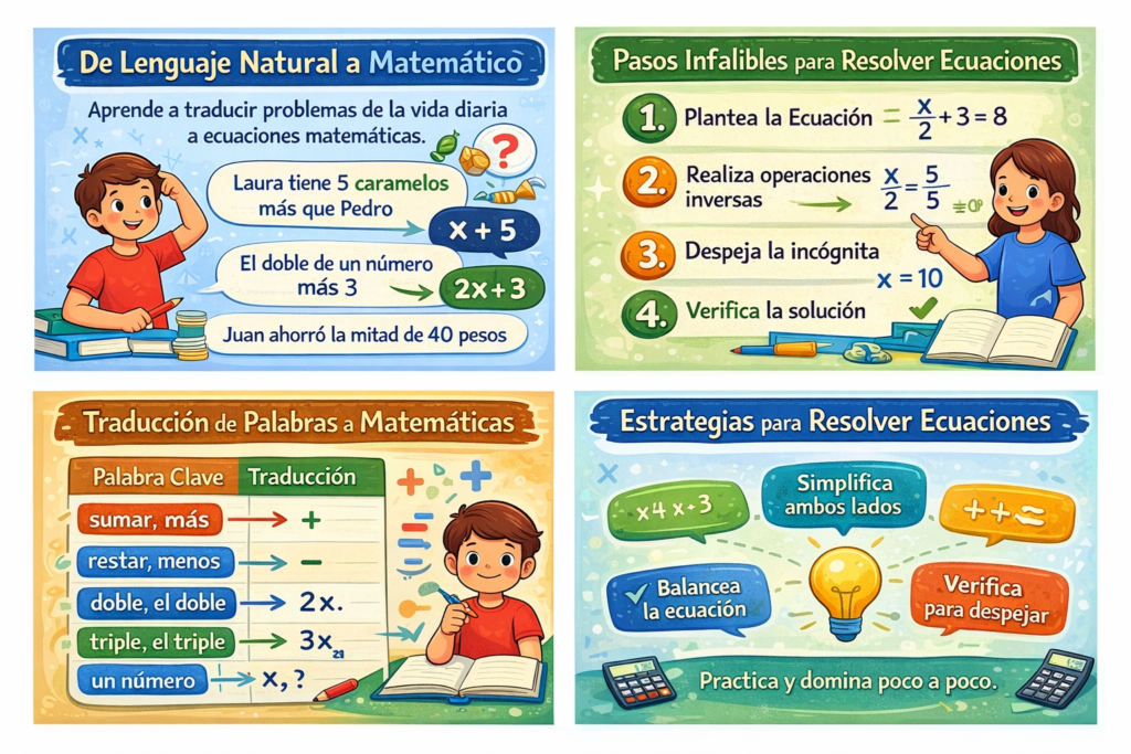 Problemas con ecuaciones: consejos, procesos, traductor del lenguaje matemático al cotidiano.