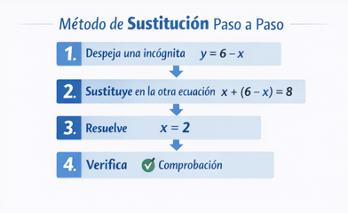 Sistemas de ecuaciones 2x2, método de sustitución paso a paso.