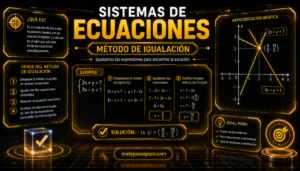 Método de igualación para resolver sistemas de ecuaciones, con pasos explicados, ejemplo resuelto, solución del sistema y representación gráfica de las rectas en un diseño futurista dorado y negro.