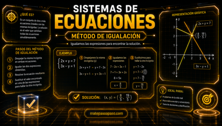 Método de igualación para resolver sistemas de ecuaciones, con pasos explicados, ejemplo resuelto, solución del sistema y representación gráfica de las rectas en un diseño futurista dorado y negro.