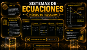 Método de reducción para resolver sistemas de ecuaciones, con pasos explicados, ejemplo resuelto, solución del sistema y representación gráfica de las rectas, en un diseño futurista con detalles dorados sobre fondo negro.
