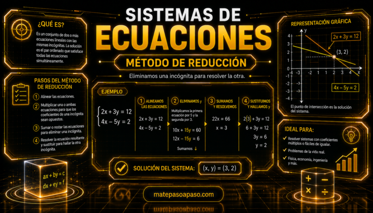 Método de reducción para resolver sistemas de ecuaciones, con pasos explicados, ejemplo resuelto, solución del sistema y representación gráfica de las rectas, en un diseño futurista con detalles dorados sobre fondo negro.