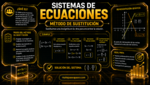 Método de sustitución para resolver sistemas de ecuaciones, con pasos explicados, ejemplo resuelto, solución del sistema y representación gráfica de las rectas, en un diseño futurista con detalles dorados sobre fondo negro.