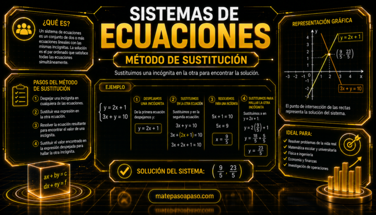 Método de sustitución para resolver sistemas de ecuaciones, con pasos explicados, ejemplo resuelto, solución del sistema y representación gráfica de las rectas, en un diseño futurista con detalles dorados sobre fondo negro.