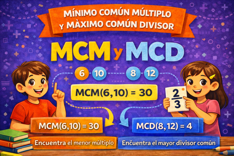MCM y MCD, portada: Muestra a un niño y una niña explicando ejemplos matemáticos como MCM(6,10)=30 y MCD(8,12)=4