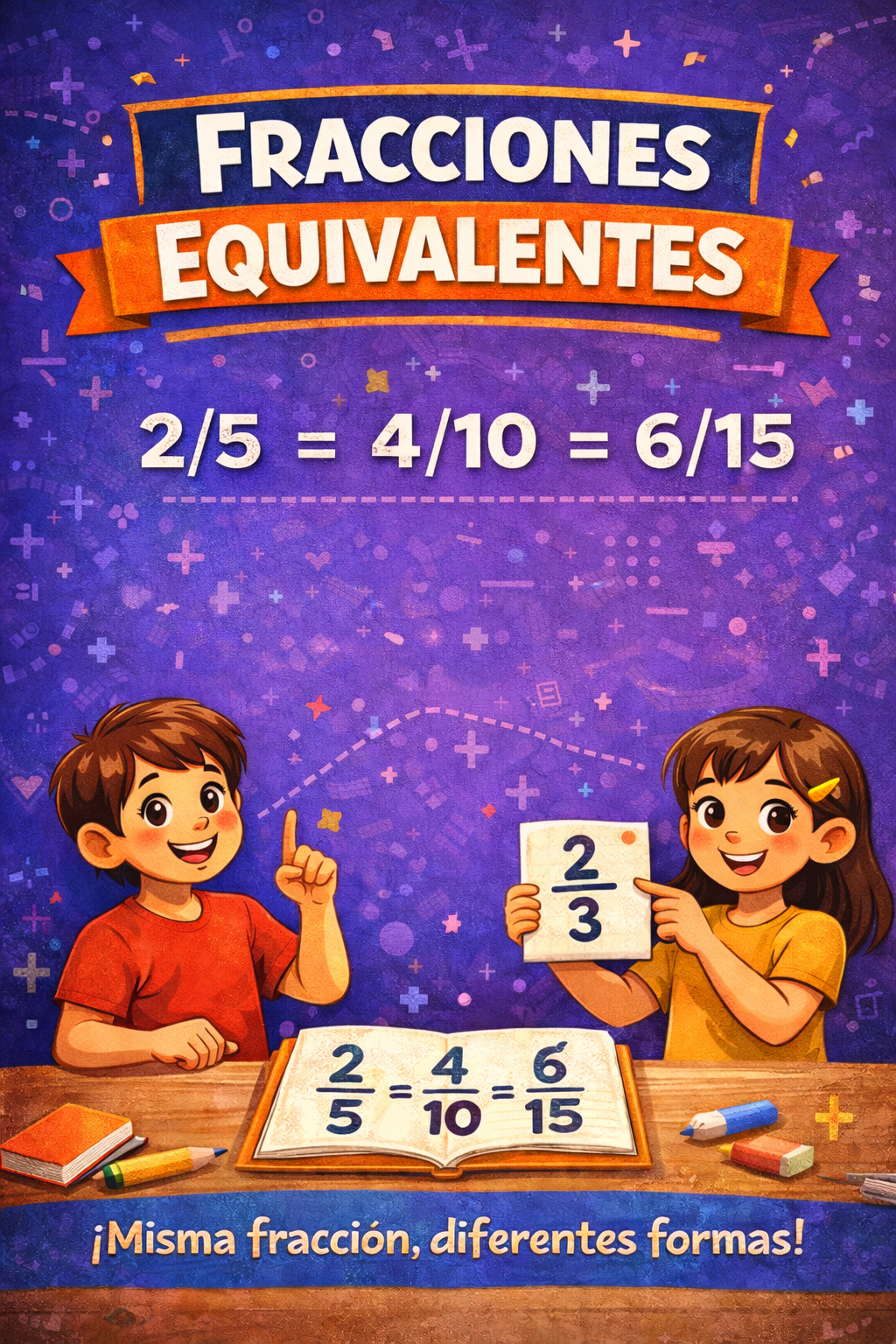 Infografía fracciones equivalentes con 15 ejercicios resueltos paso a paso para aprender producto cruzado
