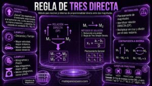 Regla de tres directa: El diseño presenta un panel central con esquemas visuales, fórmulas y tablas que explican los métodos de solución (reducción a la unidad y regla de tres simple directa), incluyendo la ecuación x₁ = (a₁ * b₁) / D y un diagrama de magnitudes interconectadas.