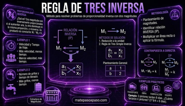 Regla de tres inversa, portada educativa con ejemplos que explica la regla de tres inversa, sus formulas, etc.