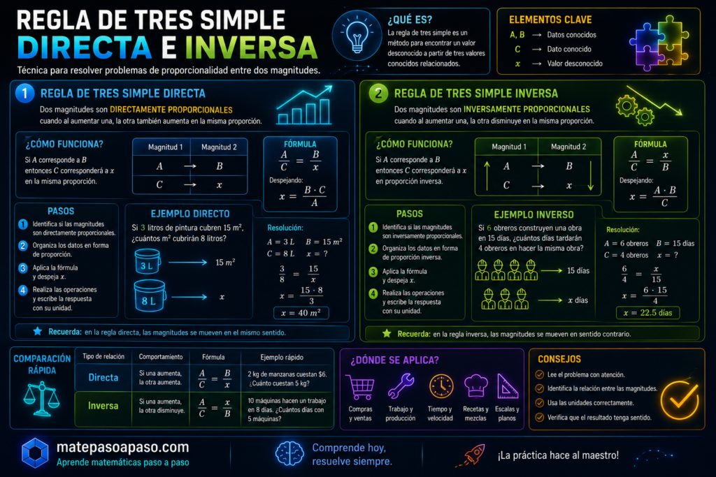 Regla de tres simple directa e inversa, que explica qué es, sus elementos y cómo identificar cada tipo de proporcionalidad. Incluye fórmulas, pasos de resolución, ejemplos desarrollados de regla de tres directa e inversa, una tabla comparativa, aplicaciones en compras, trabajo, tiempo, velocidad, recetas y escalas, además de consejos para resolver problemas correctamente. Presenta un diseño tecnológico con fondo oscuro, gráficos e iconos luminosos en tonos azul, cian, verde, morado y amarillo.