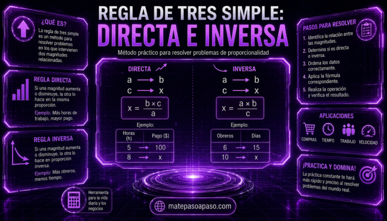 Regla de tres simple, con explicación de la proporcionalidad directa e inversa, fórmulas, ejemplos resueltos y pasos para aplicar el método.
