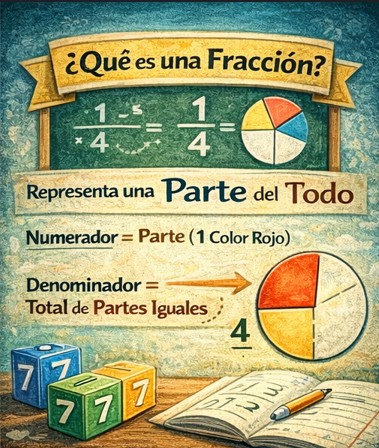 Una fracción es una parte del todo, se forma por numerador y denominador.