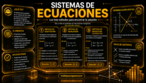 Sistemas de ecuaciones, con explicación de los métodos de sustitución, igualación y reducción, ejemplos resueltos y representación gráfica en un diseño futurista con iluminación dorada.