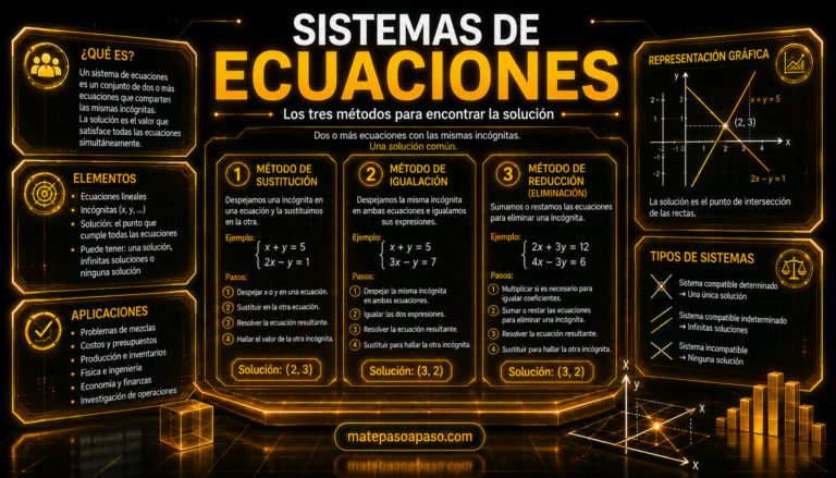 Sistemas de ecuaciones, con explicación de los métodos de sustitución, igualación y reducción, ejemplos resueltos y representación gráfica en un diseño futurista con iluminación dorada.