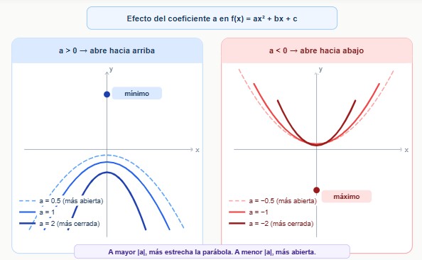 Función cuadrática: parábolas que abren hacia arriba cuando a es positivo con mínimo, y hacia abajo cuando a es negativo con máximo