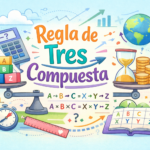 Ilustración educativa de la regla de tres compuesta con balanza, calculadora y ejemplos de proporciones matemáticas