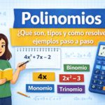 portada educativa sobre polinomios con explicación de qué son, tipos de polinomios y ejemplos de monomio binomio y trinomio