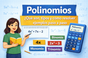 portada educativa sobre polinomios con explicación de qué son, tipos de polinomios y ejemplos de monomio binomio y trinomio