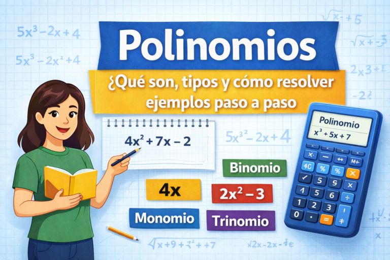 portada educativa sobre polinomios con explicación de qué son, tipos de polinomios y ejemplos de monomio binomio y trinomio