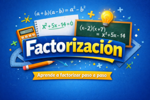 Factorización, portada educativa con ejemplos de polinomios, fórmulas y herramientas matemáticas, diseñada para aprender a factorizar paso a paso.