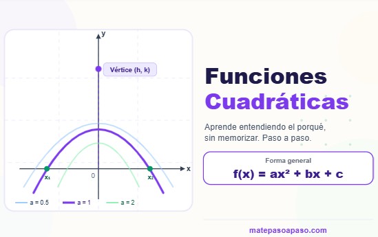 Portada educativa, funciones cuadráticas con gráfica de parábola dibujándose sobre ejes coordenados, fórmula general f(x) igual a ax² más bx más c, etiquetas de vértice, discriminante y parábola