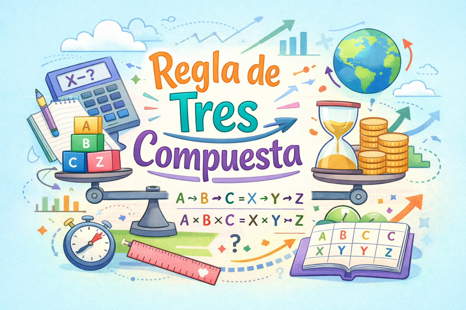 Ilustración educativa de la regla de tres compuesta con balanza, calculadora y ejemplos de proporciones matemáticas