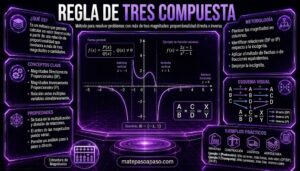 REGLA DE TRES COMPUESTA. El diseño presenta paneles futuristas hexagonales y rectangulares con iconos y texto descriptivo que cubren la definición, los conceptos clave, las propiedades, la metodología, un esquema visual y ejemplos prácticos con iconos como industria, construcción, logística y agricultura. En el centro, hay una gráfica matemática y fórmulas relacionadas con la proporcionalidad directa e inversa. En la parte inferior, se encuentra un ábaco estilizado, la etiqueta "Estructura de Magnitudes" y la dirección web "matepasoapaso.com".
