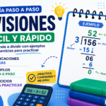 Divisiones para niños: Guía de divisiones fácil y rápido con ejemplo resuelto 156 ÷ 3 = 52, mostrando divisor, dividendo, cociente y resto paso a paso.