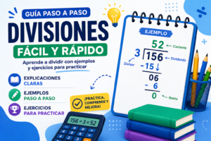 Divisiones para niños: Guía de divisiones fácil y rápido con ejemplo resuelto 156 ÷ 3 = 52, mostrando divisor, dividendo, cociente y resto paso a paso.