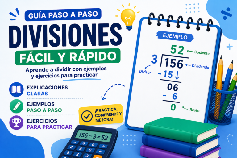 Divisiones para niños: Guía de divisiones fácil y rápido con ejemplo resuelto 156 ÷ 3 = 52, mostrando divisor, dividendo, cociente y resto paso a paso.