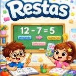 Restas para niños: Portada educativa de restas para niños con ejemplo 12 menos 7 igual a 5 y diseño colorido en aula escolar
