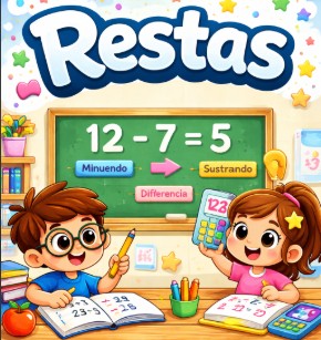 Restas para niños: Portada educativa de restas para niños con ejemplo 12 menos 7 igual a 5 y diseño colorido en aula escolar