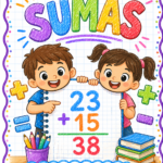 Sumas para niños, Portada educativa colorida sobre sumas con dos niños sonrientes sosteniendo un cuaderno, operación 23 + 15 = 38 en el centro.