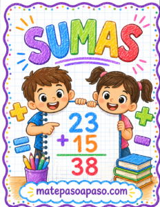 Sumas para niños, Portada educativa colorida sobre sumas con dos niños sonrientes sosteniendo un cuaderno, operación 23 + 15 = 38 en el centro.