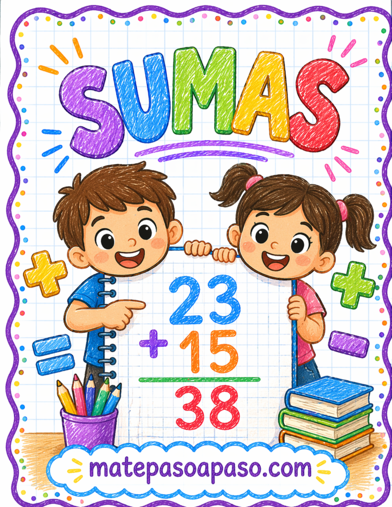 Sumas para niños, Portada educativa colorida sobre sumas con dos niños sonrientes sosteniendo un cuaderno, operación 23 + 15 = 38 en el centro.