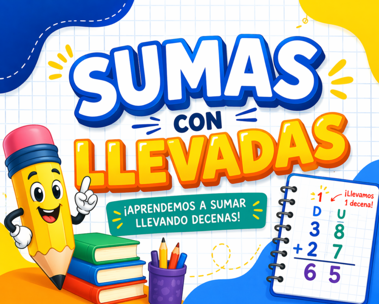 Portada colorida de matemáticas con un lápiz animado y el título “Sumas con llevadas”, mostrando un ejemplo de suma con decenas y diseño educativo para niños.