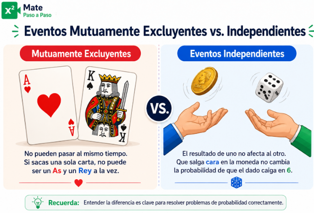 Probabilidades: ventos mutuamente excluyentes e independientes con cartas de póker, moneda y dado, explicando visualmente la diferencia entre ambos conceptos de probabilidad.