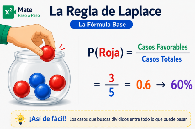 Probabilidades: Regla de Laplace con una mano sacando una canica roja de un frasco, explicación visual de la fórmula de probabilidad (P(\text{Roja}) = \frac{3}{5} = 0.6 = 60%)
