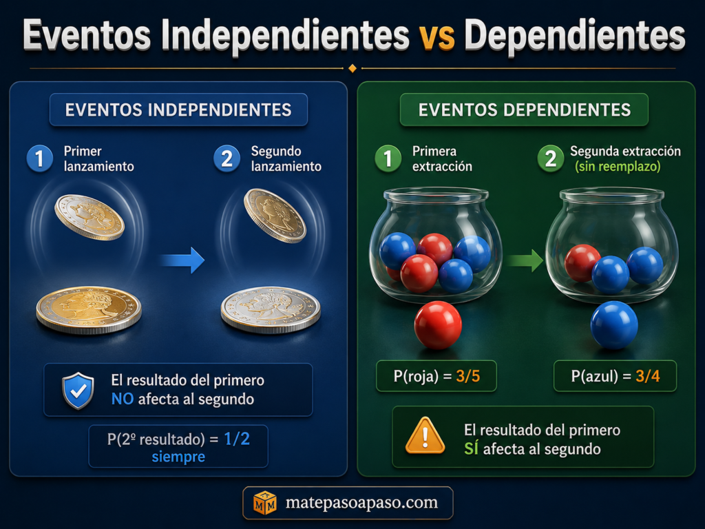 probabilidad compuesta: Infografía educativa horizontal sobre la diferencia entre eventos independientes y eventos dependientes en probabilidad. La imagen está dividida en dos secciones. A la izquierda, se muestran dos lanzamientos de moneda que ilustran eventos independientes, donde el resultado del primer lanzamiento no afecta al segundo. A la derecha, una urna con bolas de colores representa eventos dependientes mediante extracciones sin reemplazo, mostrando cómo cambia la probabilidad después del primer evento.