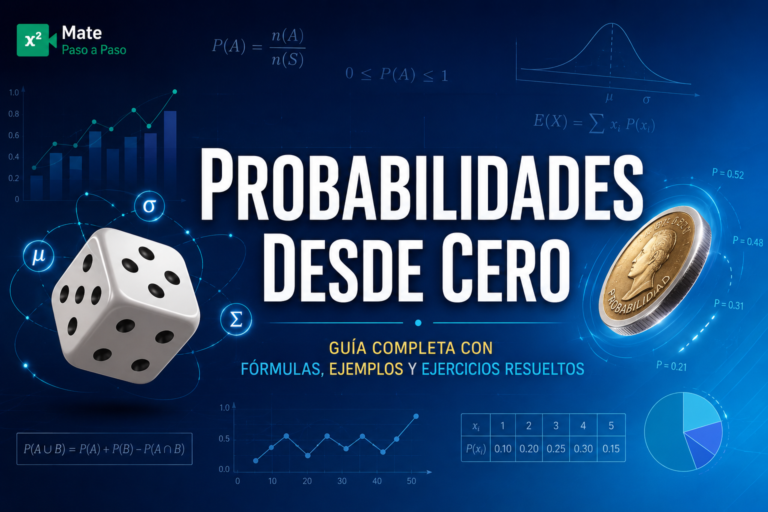 Probabilidades: Portada educativa del tema de probabilidades con un dado y una moneda flotando sobre fondo azul degradado, título “Probabilidades Desde Cero”, subtítulo con fórmulas y ejercicios resueltos, y logo de Mate Paso a Paso en la esquina superior.