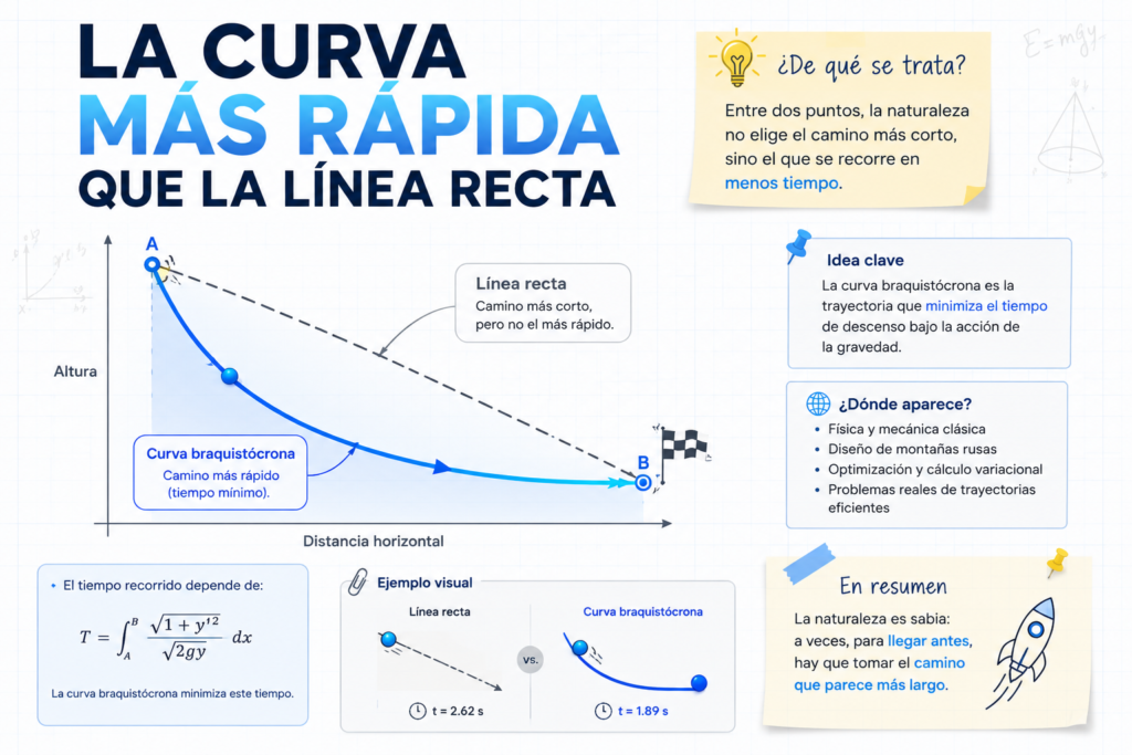 ¿Por qué una curva es más rápida que una recta? La curva más rápida que la línea recta (braquistócrona), que compara una trayectoria recta y una curva de descenso bajo la gravedad, mostrando por qué el camino de menor tiempo no siempre es el más corto.