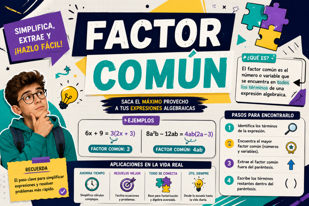 Factorización por factor común con estilo editorial moderno que combina ilustraciones semirrealistas, colores turquesa y azul profundo, ejemplos algebraicos y elementos visuales que muestran cómo simplificar expresiones matemáticas de forma clara, con branding de matepasoapaso.com.